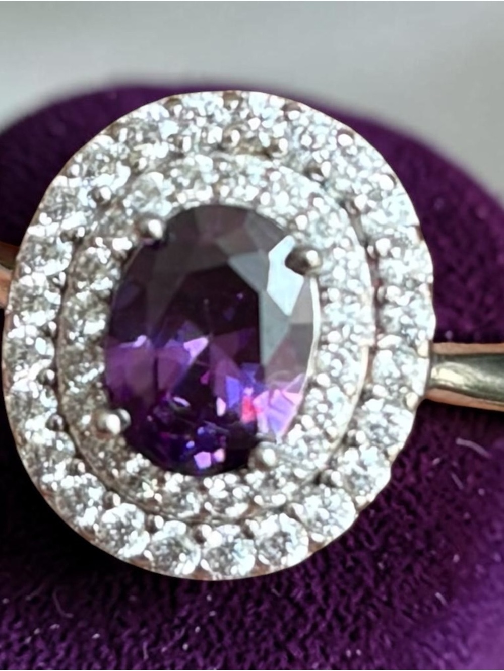 Elegant Purple Halo Gemstone Ring - Amethyst Center with Pavé Accents